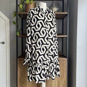 H&M Tunic Shirt Dress M 12 14 Black & Ecru Geometric Ruffle Hem Oversized